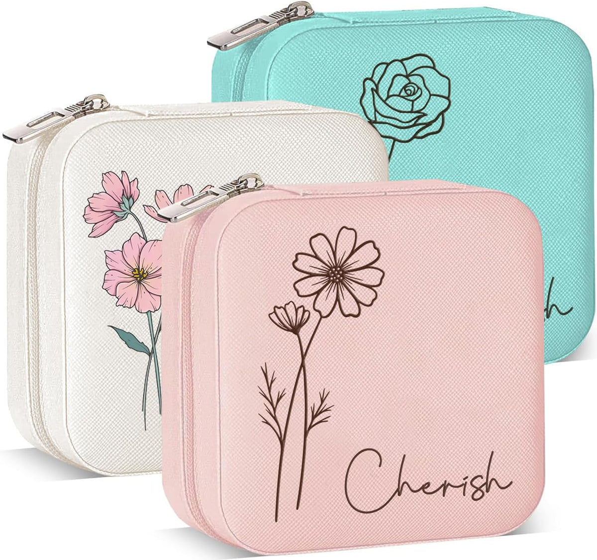 Ships Next Day, Custom Travel Jewelry Box with Name Birth Flower, Birthday Gifts for Women, Bridesmaid Proposal Gifts Personalized Small Travel Jewelry Case, Christmas Customized Gifts for Teen Girls