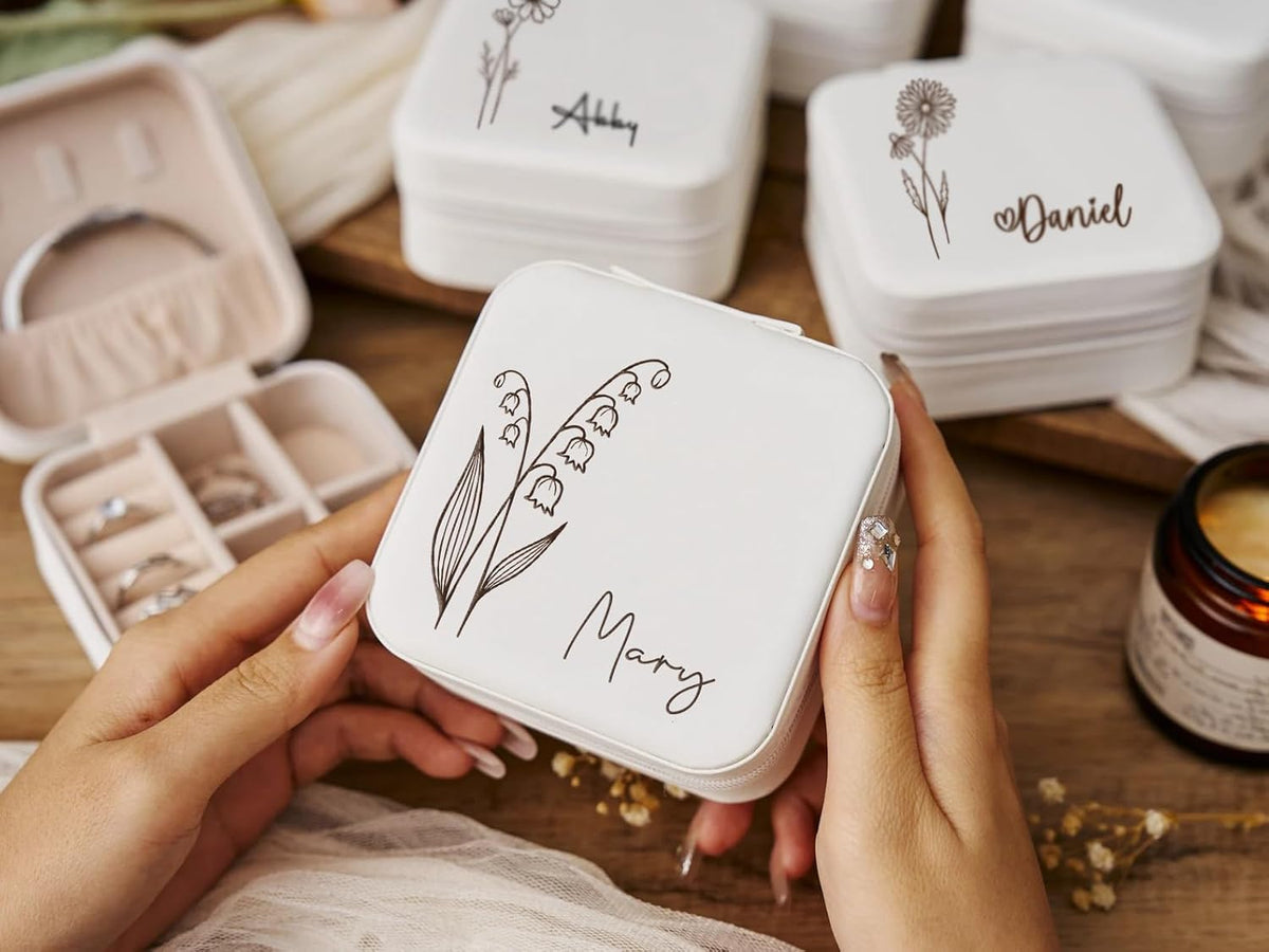 Ships Next Day, Custom Travel Jewelry Box with Name Birth Flower, Birthday Gifts for Women, Bridesmaid Proposal Gifts Personalized Small Travel Jewelry Case, Christmas Customized Gifts for Teen Girls