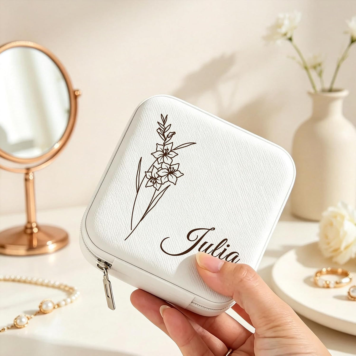 Ships Next Day, Custom Travel Jewelry Box with Name Birth Flower, Birthday Gifts for Women, Bridesmaid Proposal Gifts Personalized Small Travel Jewelry Case, Christmas Customized Gifts for Teen Girls
