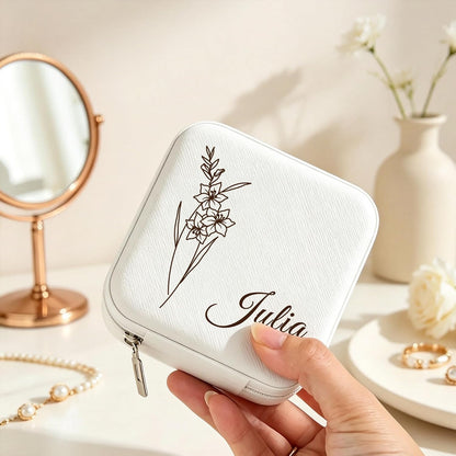 Ships Next Day, Custom Travel Jewelry Box with Name Birth Flower, Birthday Gifts for Women, Bridesmaid Proposal Gifts Personalized Small Travel Jewelry Case, Christmas Customized Gifts for Teen Girls