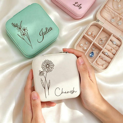 Ships Next Day, Custom Travel Jewelry Box with Name Birth Flower, Birthday Gifts for Women, Bridesmaid Proposal Gifts Personalized Small Travel Jewelry Case, Christmas Customized Gifts for Teen Girls