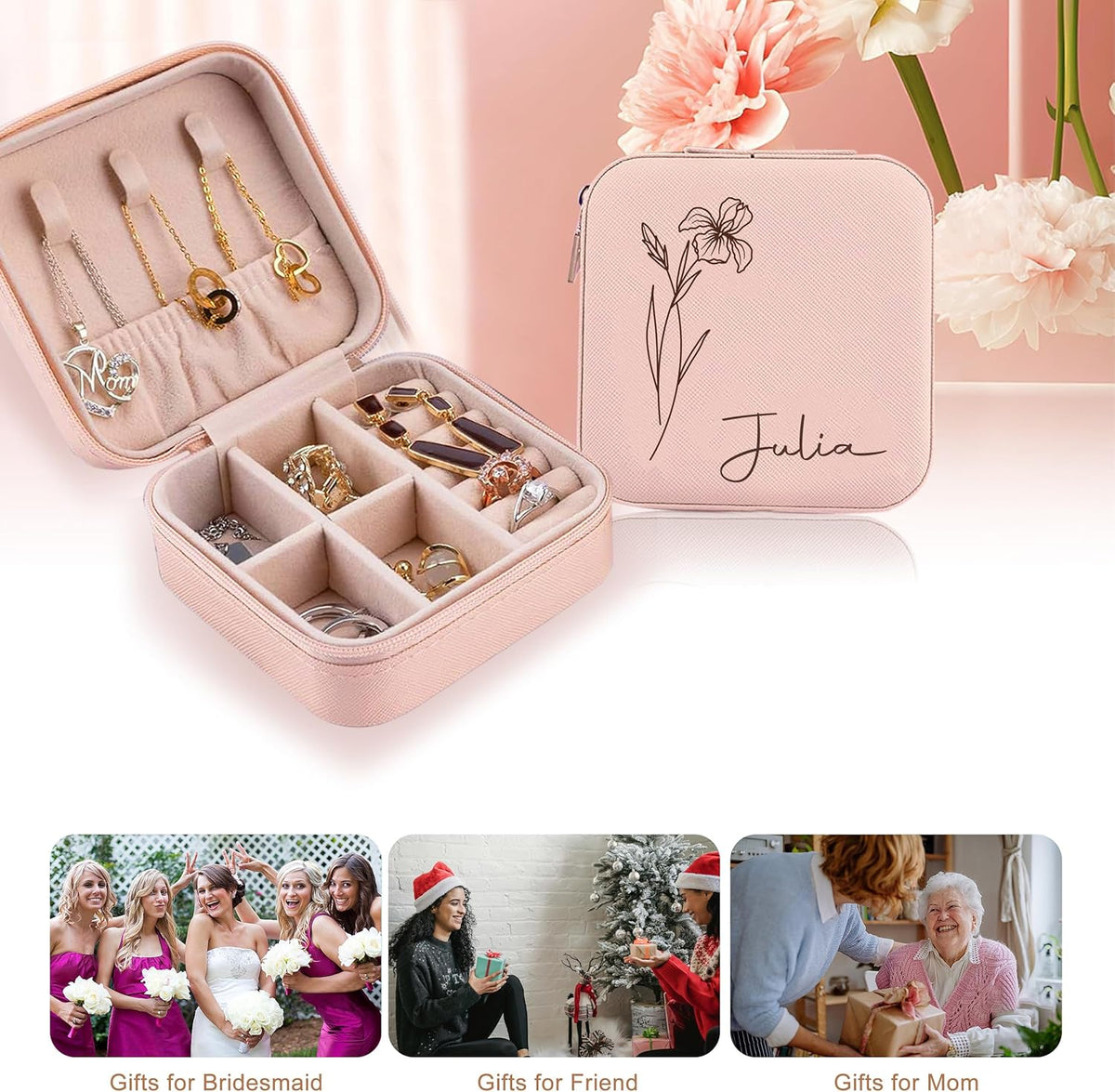 Ships Next Day, Custom Travel Jewelry Box with Name Birth Flower, Birthday Gifts for Women, Bridesmaid Proposal Gifts Personalized Small Travel Jewelry Case, Christmas Customized Gifts for Teen Girls