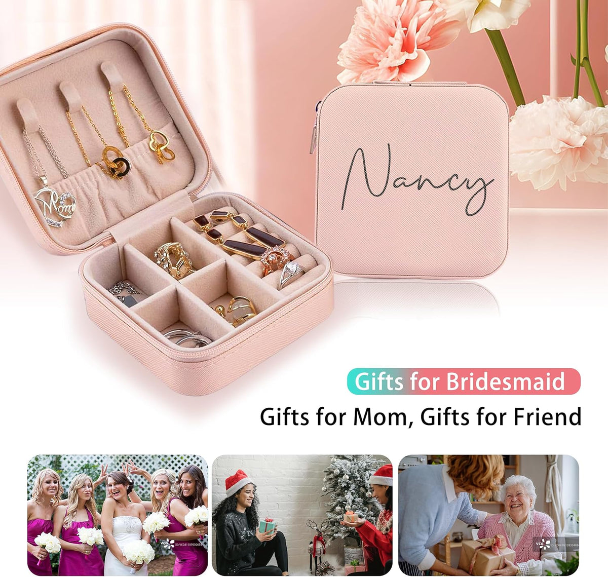 Ships Next Day, Custom Travel Jewelry Box with Name Birth Flower, Birthday Gifts for Women, Bridesmaid Proposal Gifts Personalized Small Travel Jewelry Case, Christmas Customized Gifts for Teen Girls