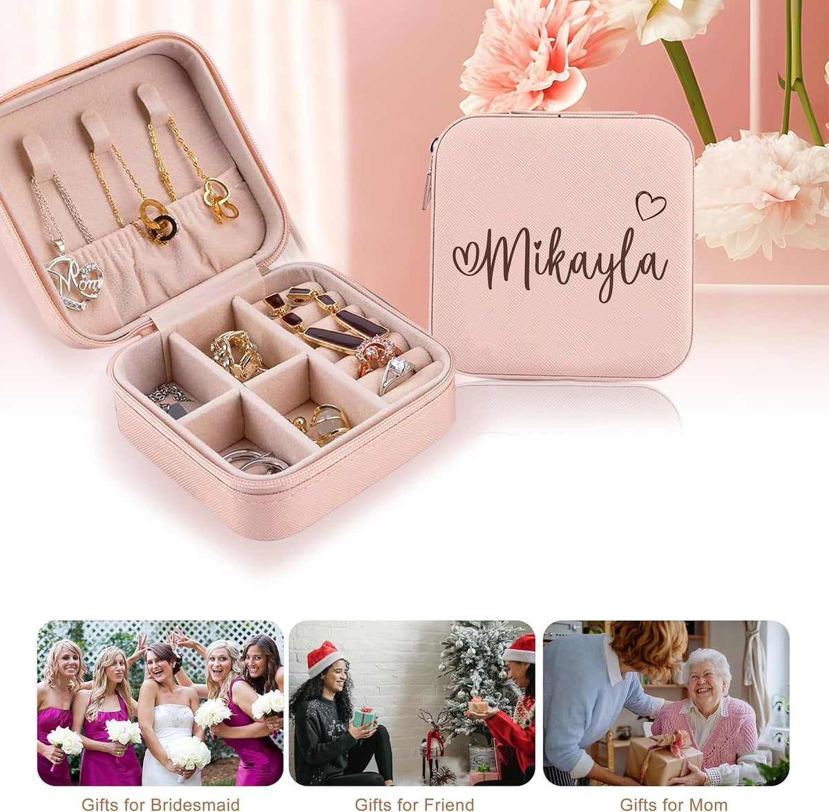 Ships Next Day, Custom Travel Jewelry Box with Name Birth Flower, Birthday Gifts for Women, Bridesmaid Proposal Gifts Personalized Small Travel Jewelry Case, Christmas Customized Gifts for Teen Girls