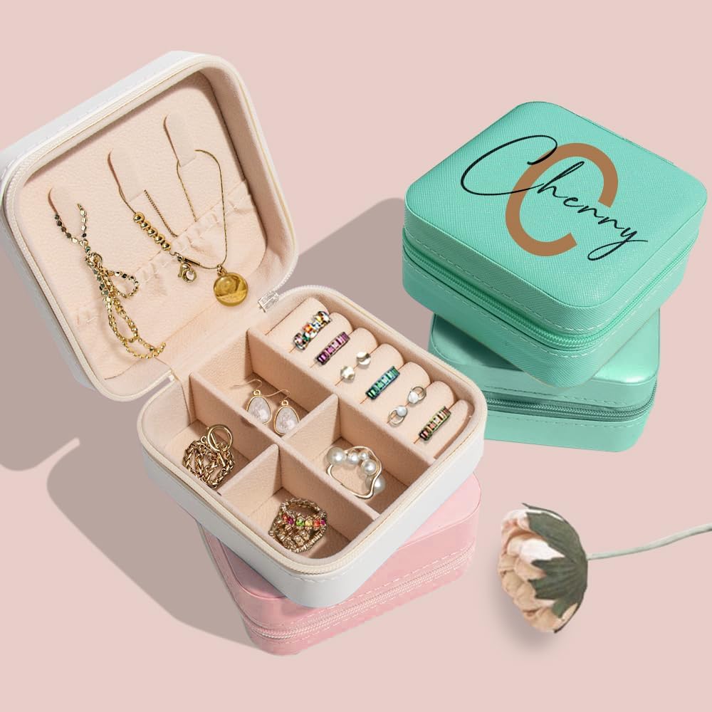 Ships Next Day, Custom Travel Jewelry Box with Name Birth Flower, Birthday Gifts for Women, Bridesmaid Proposal Gifts Personalized Small Travel Jewelry Case, Christmas Customized Gifts for Teen Girls