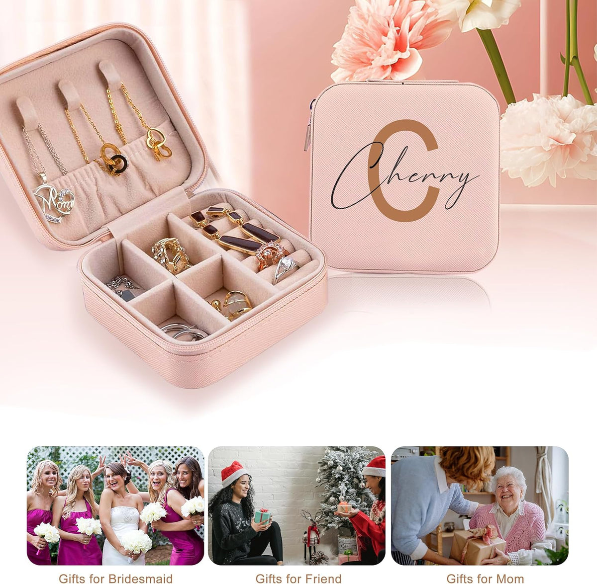 Ships Next Day, Custom Travel Jewelry Box with Name Birth Flower, Birthday Gifts for Women, Bridesmaid Proposal Gifts Personalized Small Travel Jewelry Case, Christmas Customized Gifts for Teen Girls