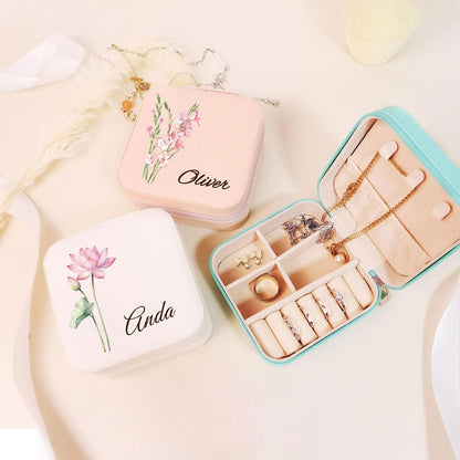 Ships Next Day, Custom Travel Jewelry Box with Name Birth Flower, Birthday Gifts for Women, Bridesmaid Proposal Gifts Personalized Small Travel Jewelry Case, Christmas Customized Gifts for Teen Girls