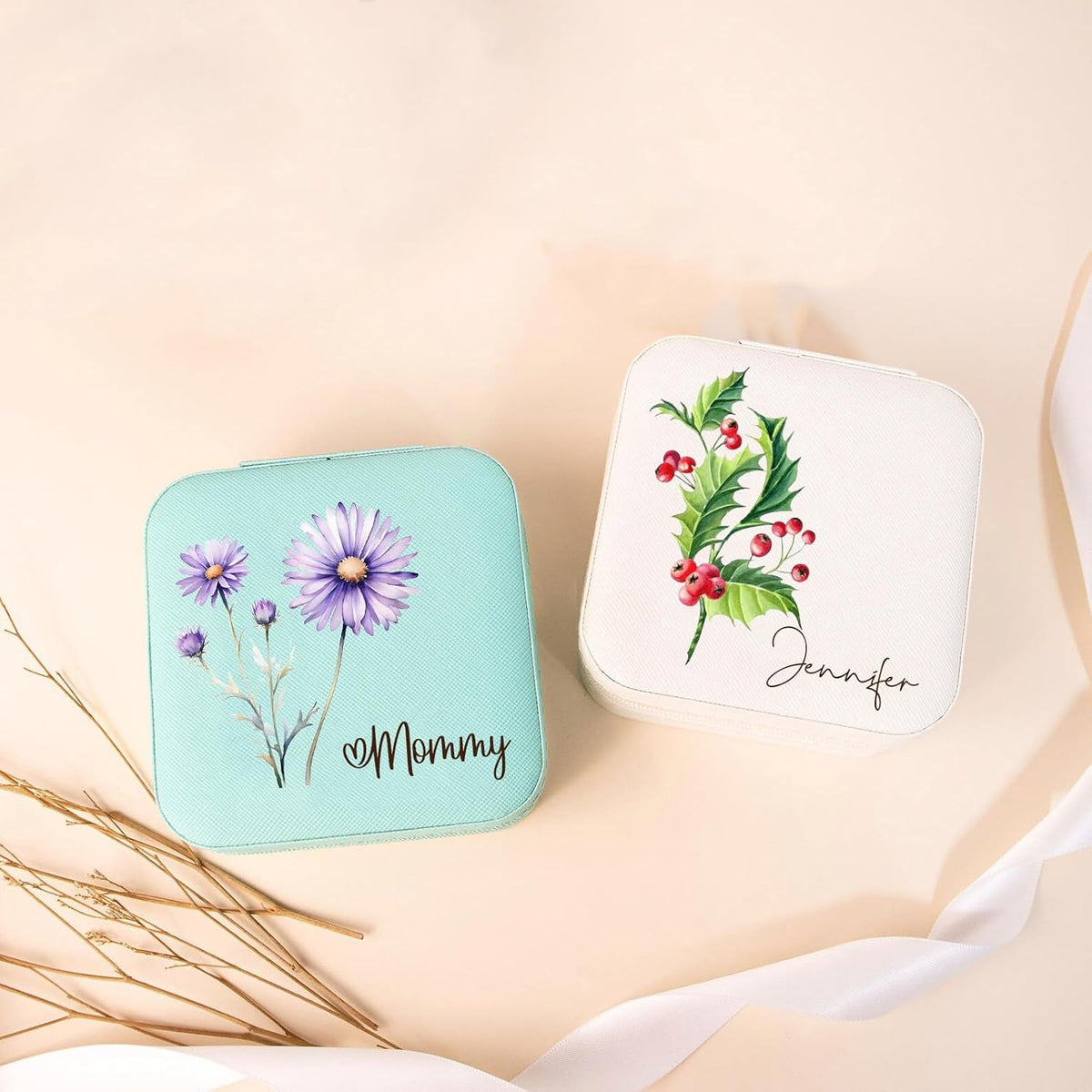 Ships Next Day, Custom Travel Jewelry Box with Name Birth Flower, Birthday Gifts for Women, Bridesmaid Proposal Gifts Personalized Small Travel Jewelry Case, Christmas Customized Gifts for Teen Girls