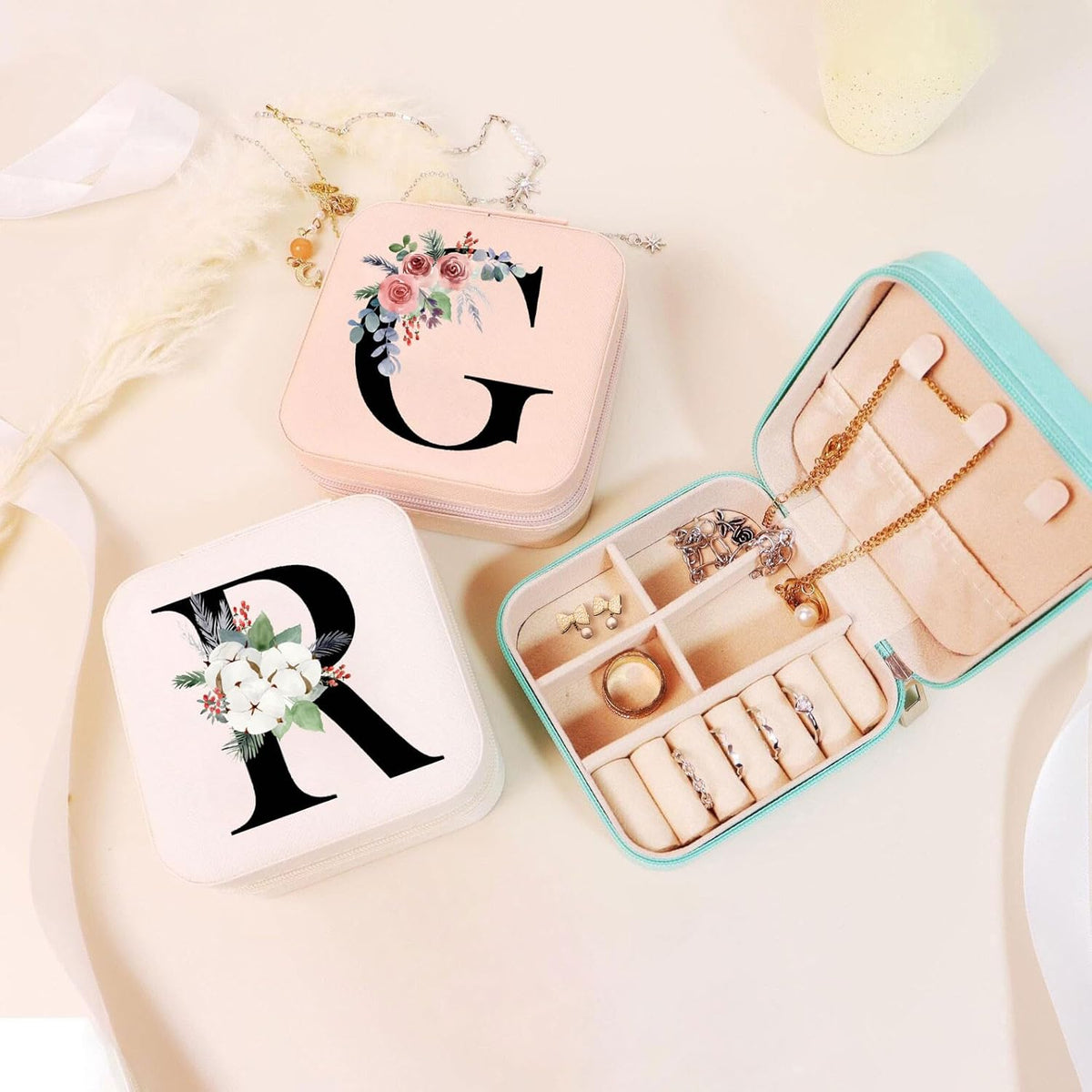 Ships Next Day, Custom Travel Jewelry Box with Name Birth Flower, Birthday Gifts for Women, Bridesmaid Proposal Gifts Personalized Small Travel Jewelry Case, Christmas Customized Gifts for Teen Girls
