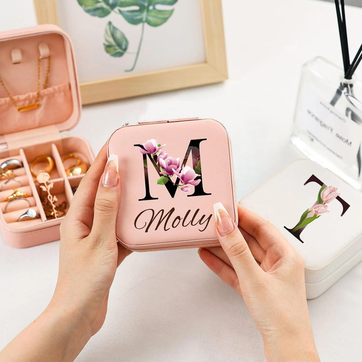Ships Next Day, Custom Travel Jewelry Box with Name Birth Flower, Birthday Gifts for Women, Bridesmaid Proposal Gifts Personalized Small Travel Jewelry Case, Christmas Customized Gifts for Teen Girls