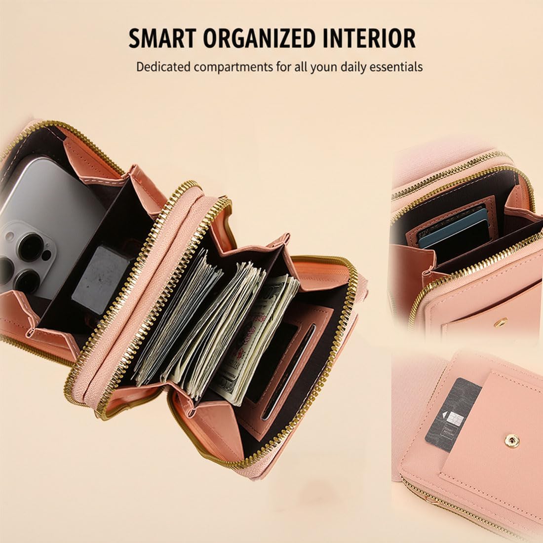 Women's Touch Screen Mobile Phone Messenger Bag, RFID Leather Crossbody Wallet Purse, Anti-Theft Shoulder Strap