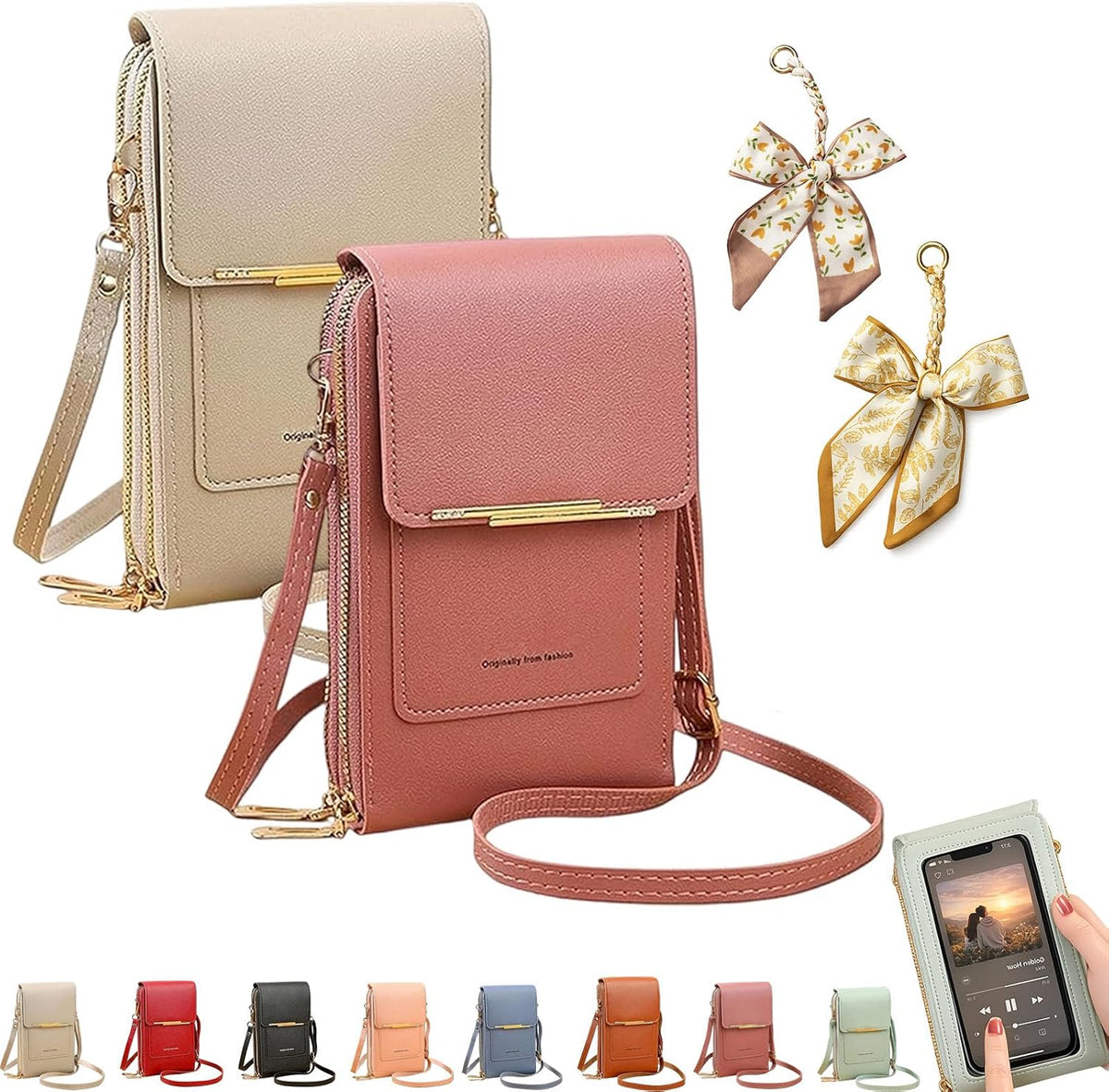 Women's Touch Screen Mobile Phone Messenger Bag, RFID Leather Crossbody Wallet Purse, Anti-Theft Shoulder Strap