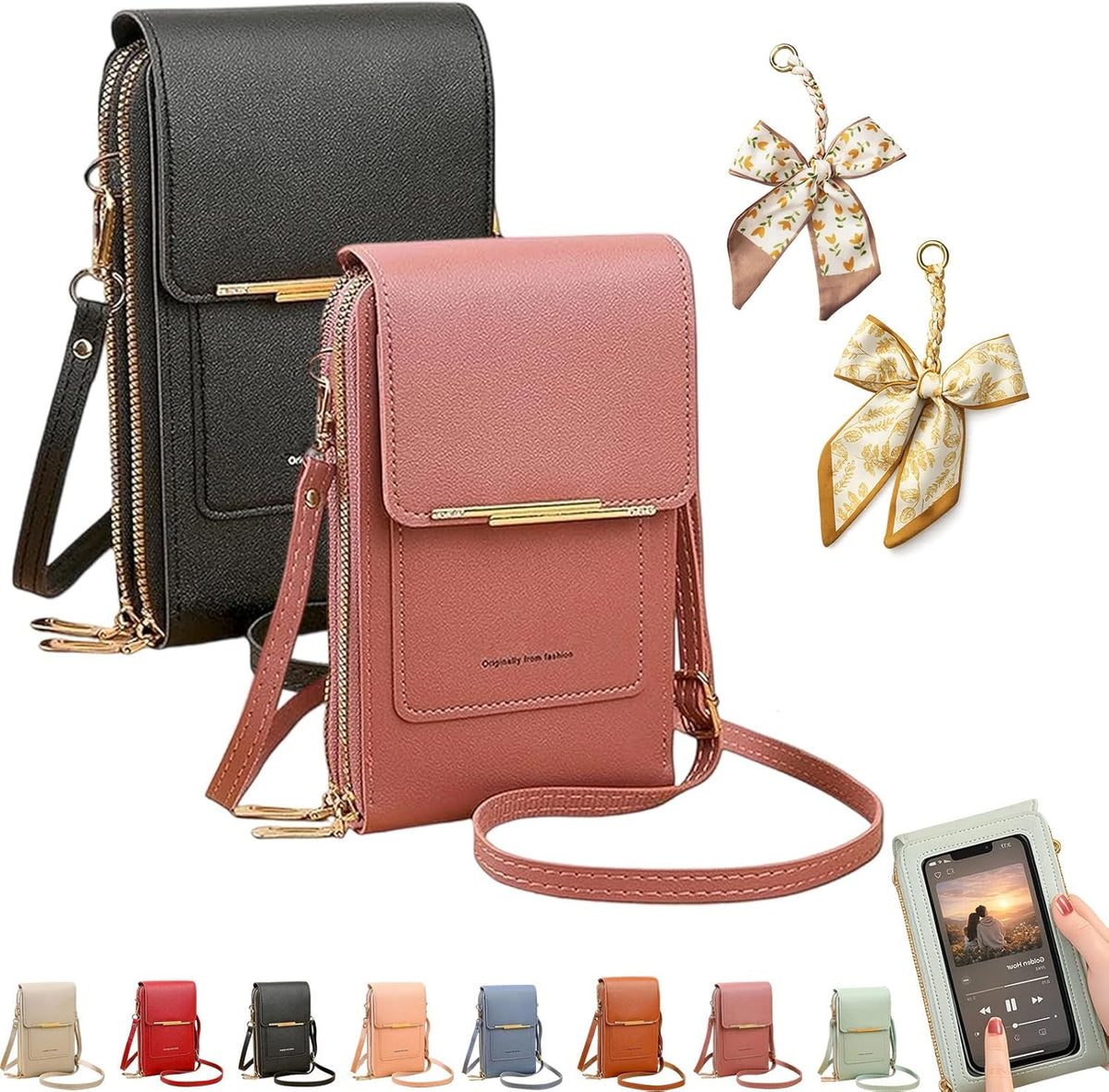Women's Touch Screen Mobile Phone Messenger Bag, RFID Leather Crossbody Wallet Purse, Anti-Theft Shoulder Strap