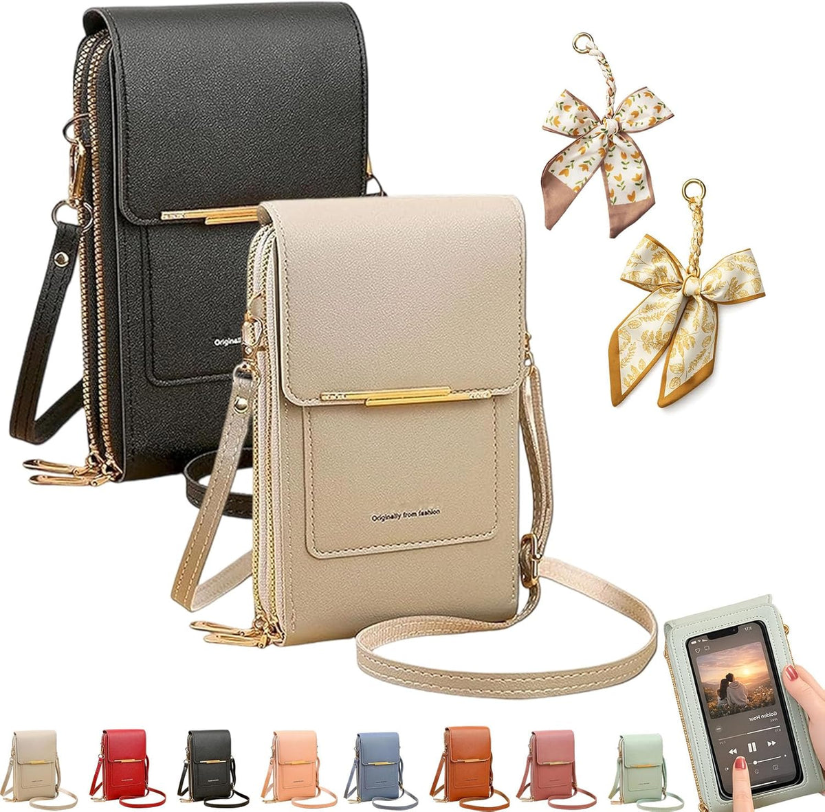 Women's Touch Screen Mobile Phone Messenger Bag, RFID Leather Crossbody Wallet Purse, Anti-Theft Shoulder Strap