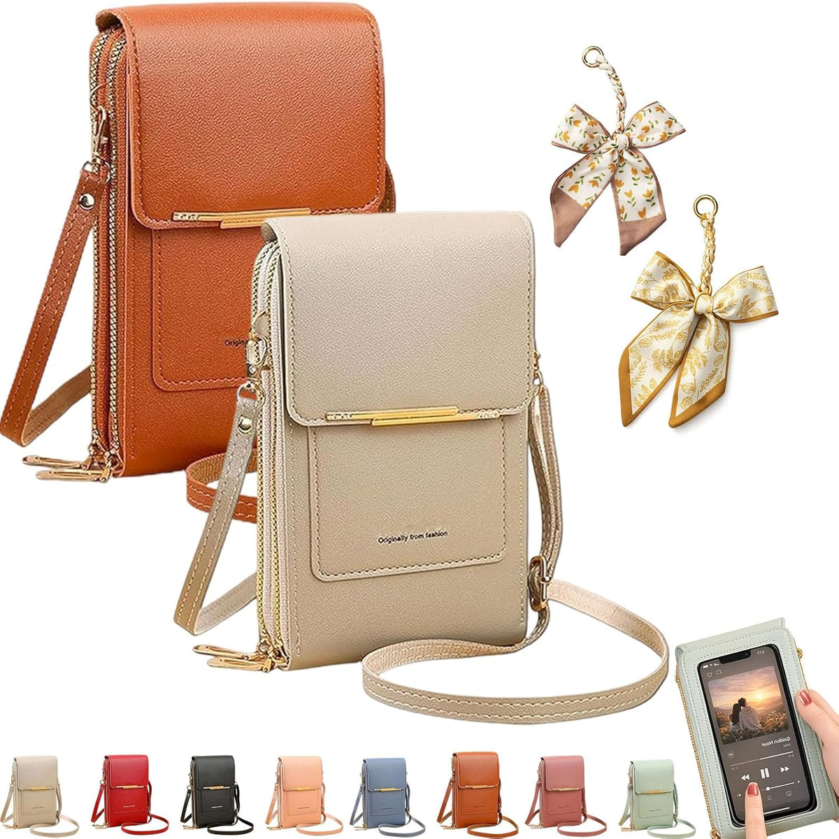 Women's Touch Screen Mobile Phone Messenger Bag, RFID Leather Crossbody Wallet Purse, Anti-Theft Shoulder Strap