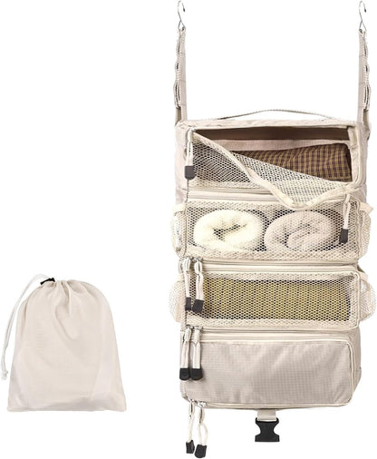 TABITORA Travel Luggage Organizer Hanging Packing Cubes Portable Hanging Shelves Carry on Closet for Suitcase with 2 Hooks,Collapsible(Beige,S)