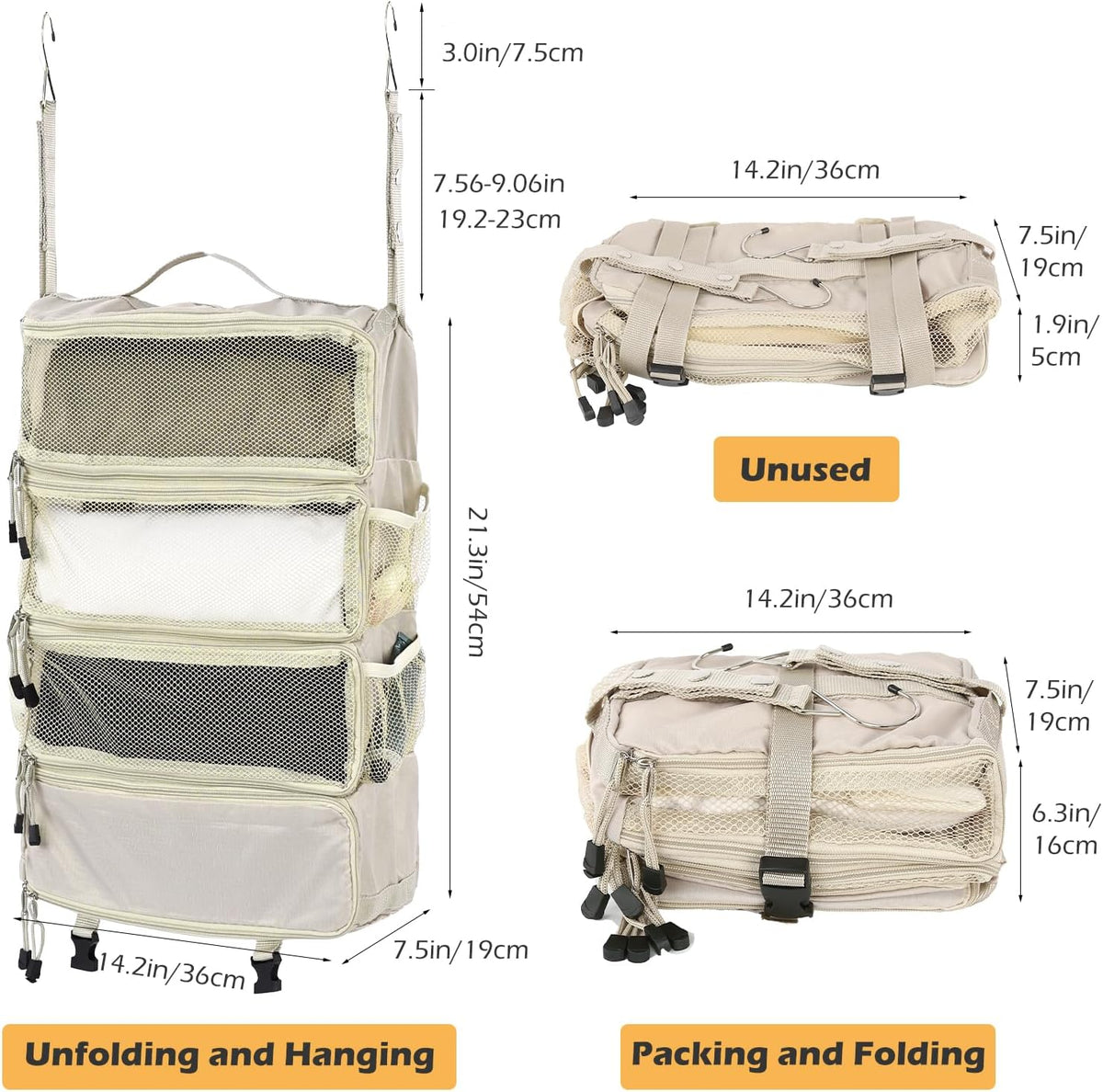TABITORA Travel Luggage Organizer Hanging Packing Cubes Portable Hanging Shelves Carry on Closet for Suitcase with 2 Hooks,Collapsible(Beige,S)