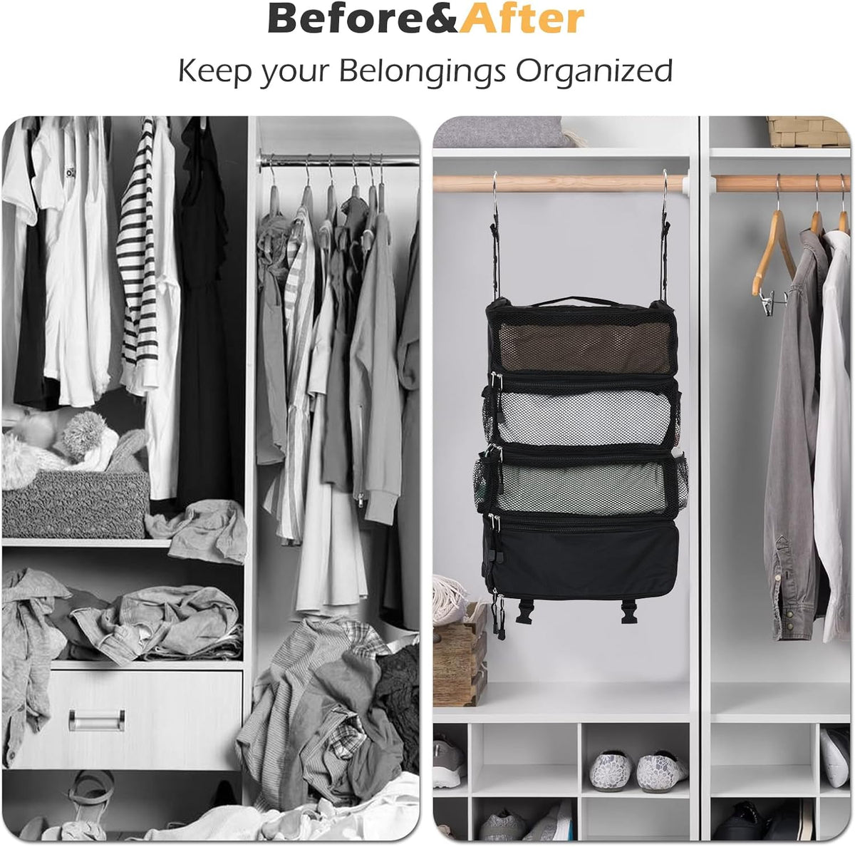 TABITORA Travel Luggage Organizer Hanging Packing Cubes Portable Hanging Shelves Carry on Closet for Suitcase with 2 Hooks,Collapsible(Beige,S)