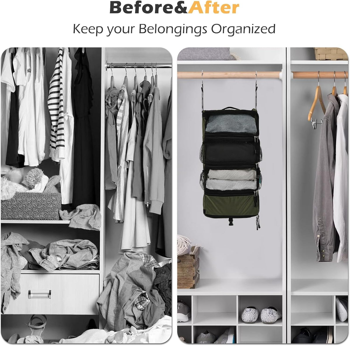 TABITORA Travel Luggage Organizer Hanging Packing Cubes Portable Hanging Shelves Carry on Closet for Suitcase with 2 Hooks,Collapsible(Beige,S)