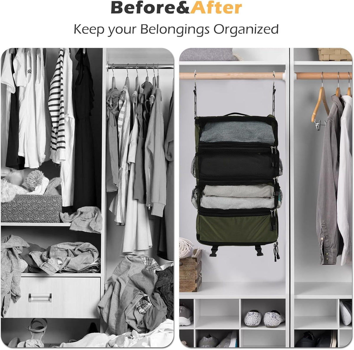 TABITORA Travel Luggage Organizer Hanging Packing Cubes Portable Hanging Shelves Carry on Closet for Suitcase with 2 Hooks,Collapsible(Beige,S)