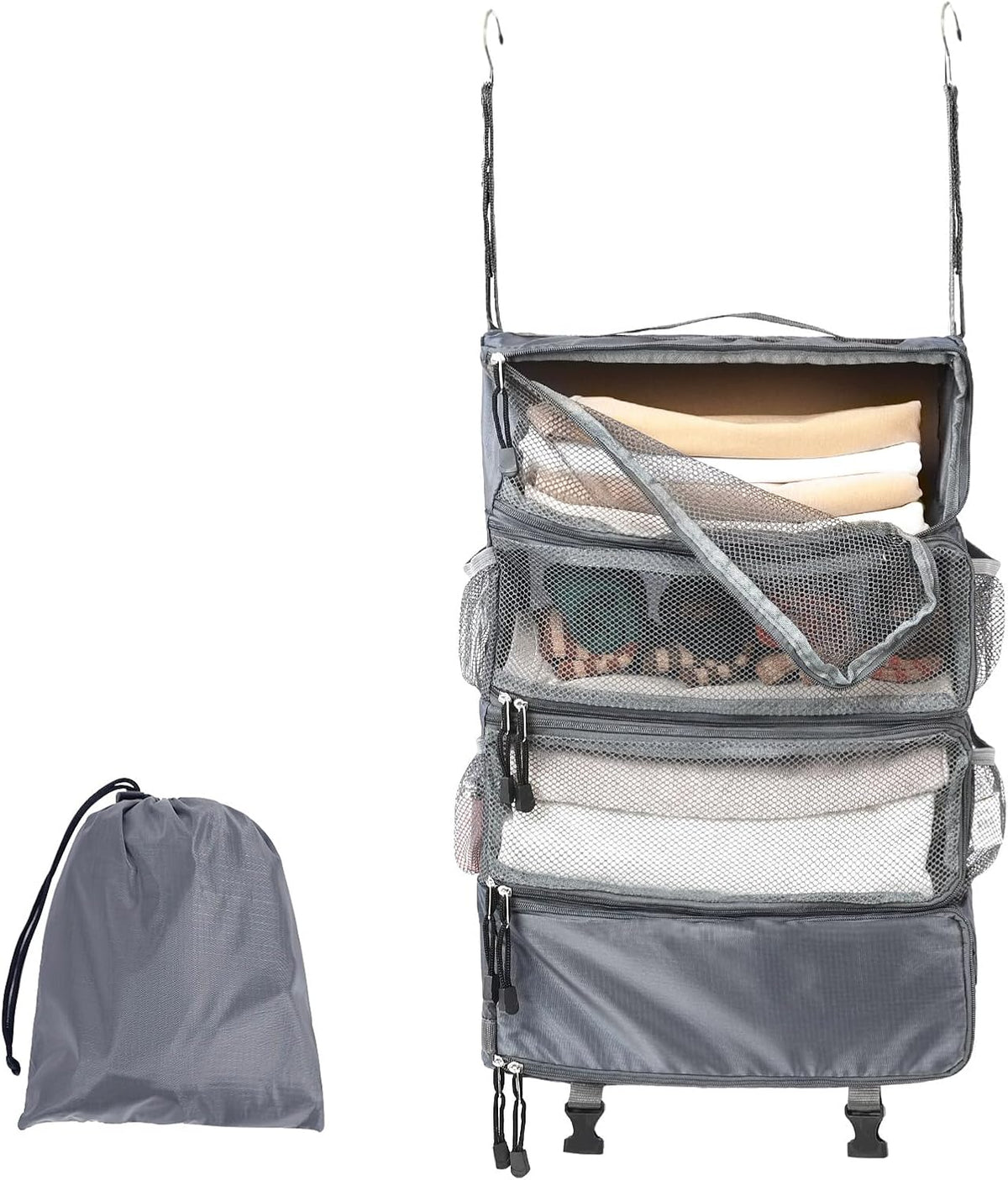 TABITORA Travel Luggage Organizer Hanging Packing Cubes Portable Hanging Shelves Carry on Closet for Suitcase with 2 Hooks,Collapsible(Beige,S)