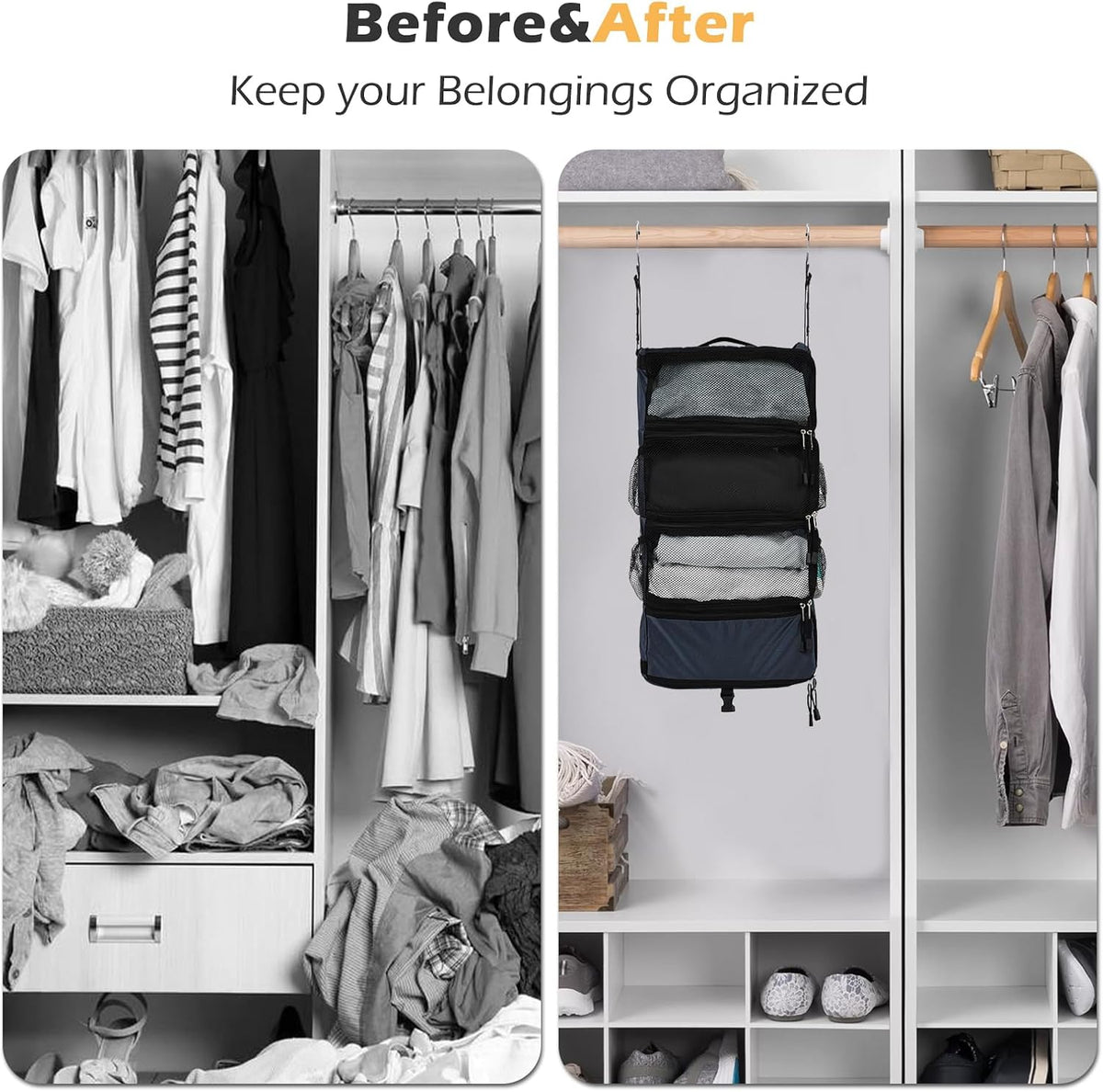 TABITORA Travel Luggage Organizer Hanging Packing Cubes Portable Hanging Shelves Carry on Closet for Suitcase with 2 Hooks,Collapsible(Beige,S)
