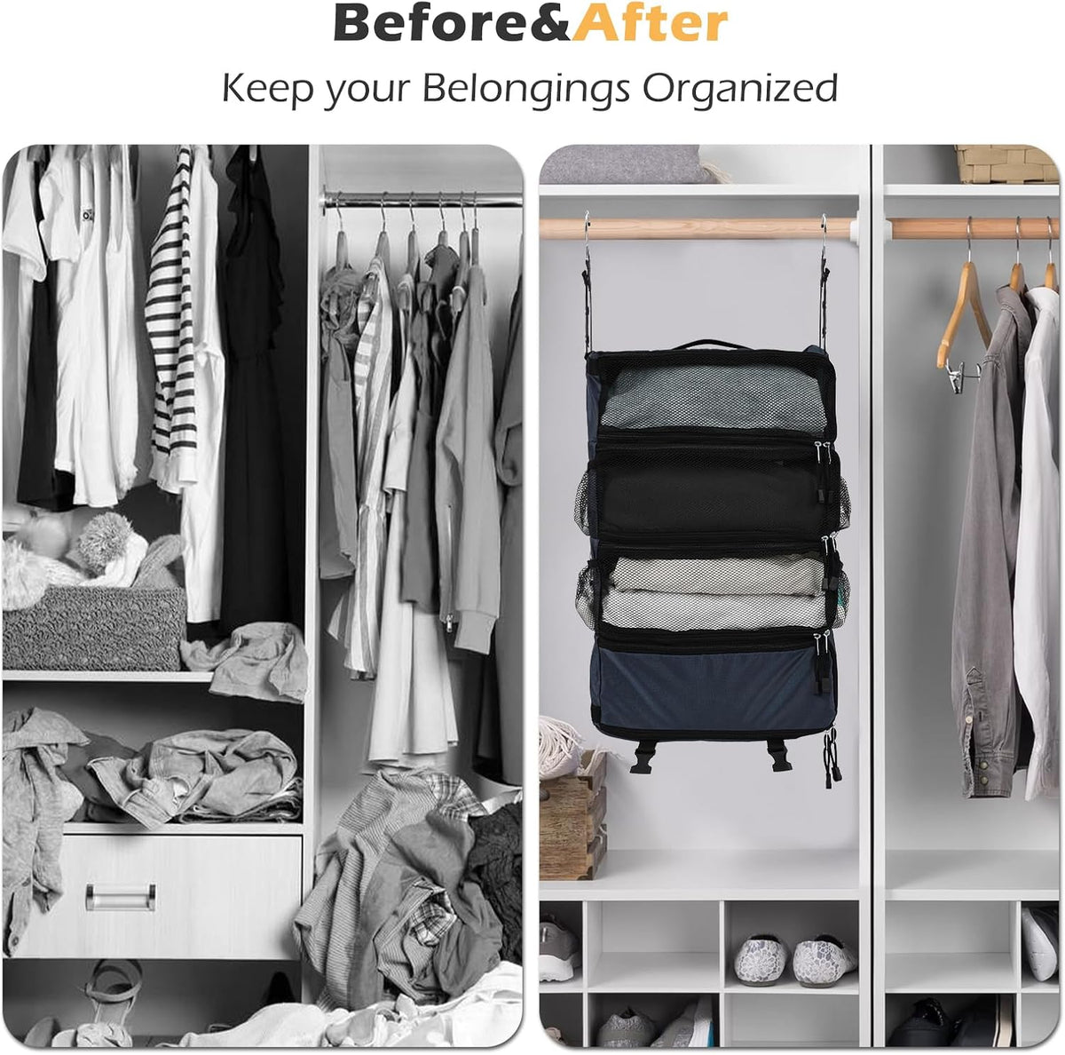 TABITORA Travel Luggage Organizer Hanging Packing Cubes Portable Hanging Shelves Carry on Closet for Suitcase with 2 Hooks,Collapsible(Beige,S)