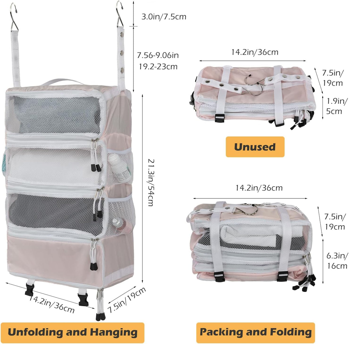 TABITORA Travel Luggage Organizer Hanging Packing Cubes Portable Hanging Shelves Carry on Closet for Suitcase with 2 Hooks,Collapsible(Beige,S)