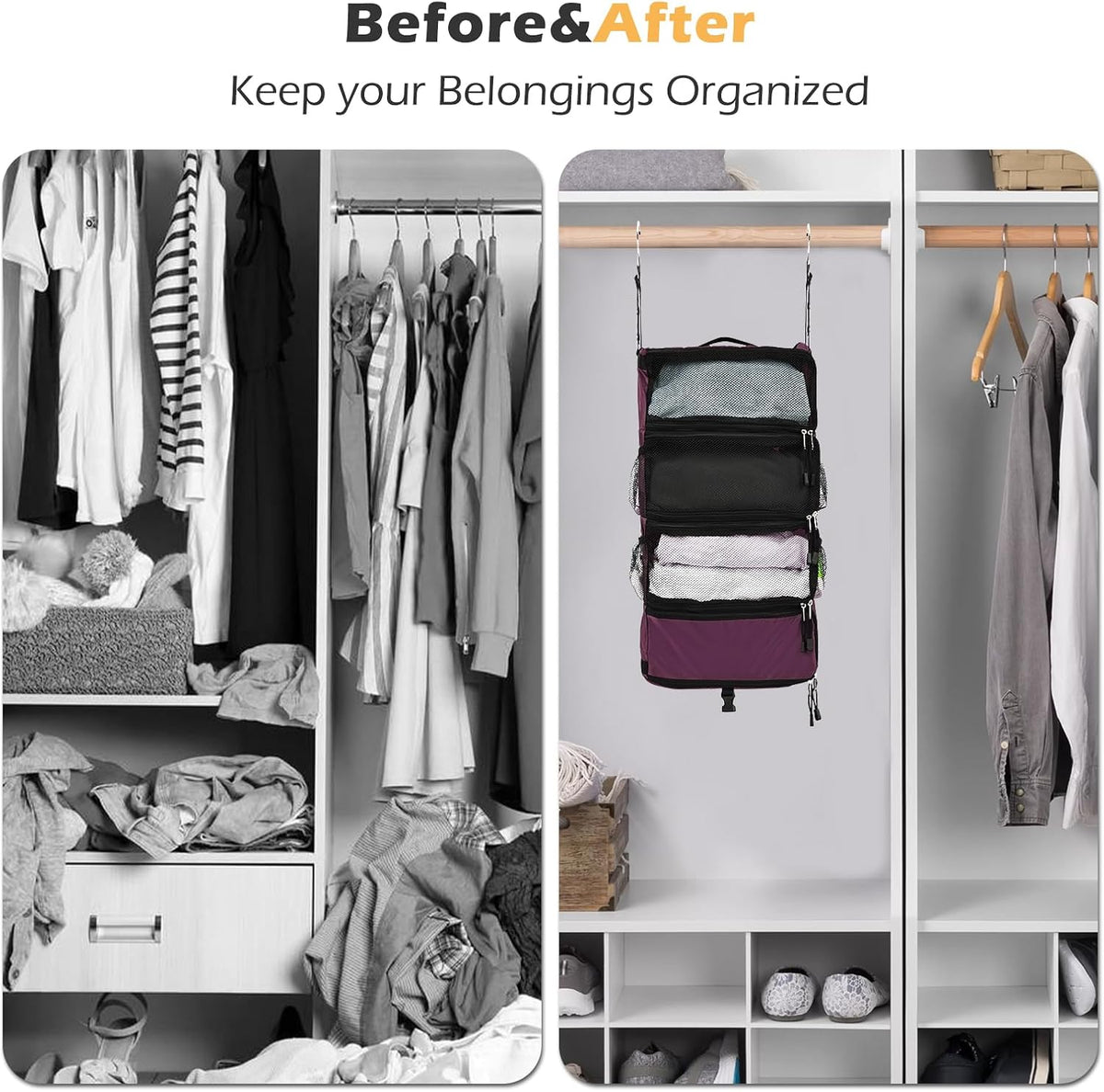 TABITORA Travel Luggage Organizer Hanging Packing Cubes Portable Hanging Shelves Carry on Closet for Suitcase with 2 Hooks,Collapsible(Beige,S)