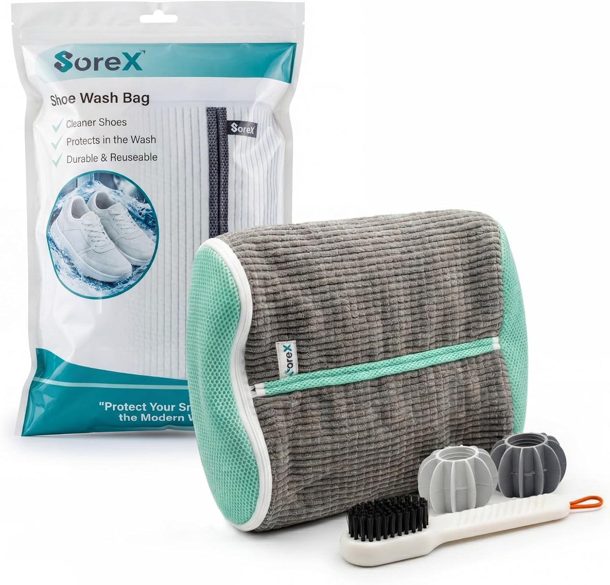 Shoe Washing Machine Bag with Zippered Pocket | Durable Mesh Sneaker Laundry Bag with 2 Laundry Balls & Shoe Washing Brush, Heavy Duty Zipper, No Color Transfer (Grey)