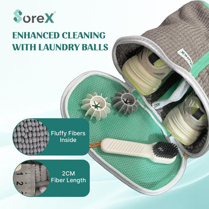 Shoe Washing Machine Bag with Zippered Pocket | Durable Mesh Sneaker Laundry Bag with 2 Laundry Balls & Shoe Washing Brush, Heavy Duty Zipper, No Color Transfer (Grey)