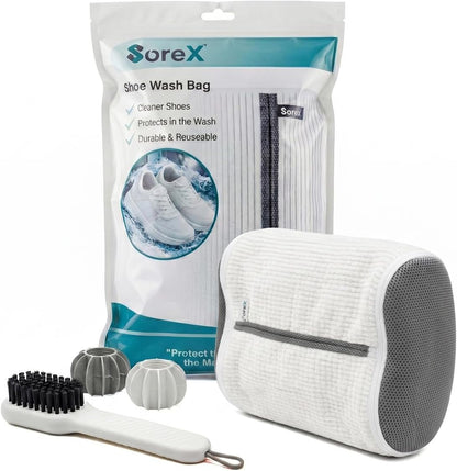 Shoe Washing Machine Bag with Zippered Pocket | Durable Mesh Sneaker Laundry Bag with 2 Laundry Balls & Shoe Washing Brush, Heavy Duty Zipper, No Color Transfer (Grey)