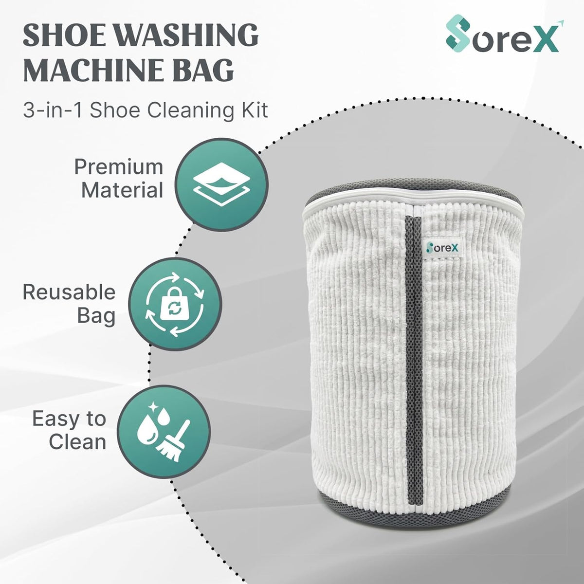 Shoe Washing Machine Bag with Zippered Pocket | Durable Mesh Sneaker Laundry Bag with 2 Laundry Balls & Shoe Washing Brush, Heavy Duty Zipper, No Color Transfer (Grey)