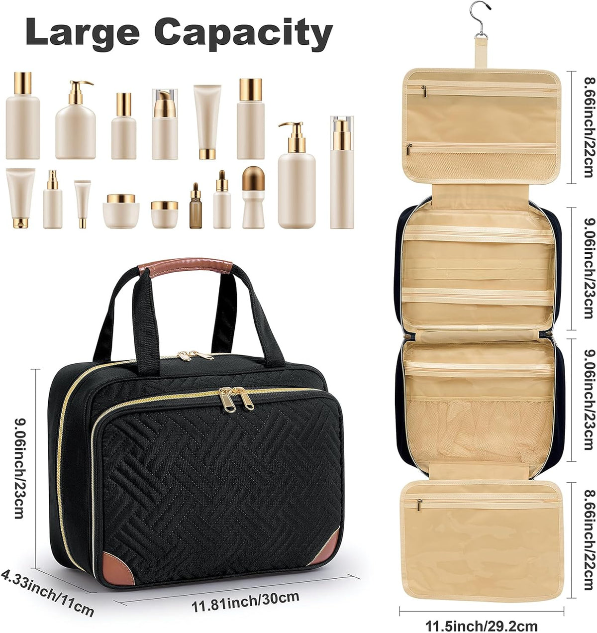 Toiletry Bag for Women, Hanging Travel Toiletry Bag with Jewelry Organizer Compartment Large Makeup Bag, Cosmetic for Travel Business Trips Camping Bathroom Black