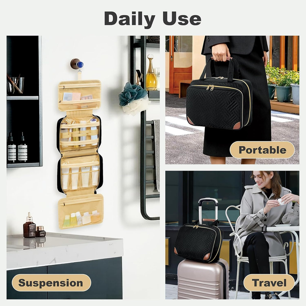 Toiletry Bag for Women, Hanging Travel Toiletry Bag with Jewelry Organizer Compartment Large Makeup Bag, Cosmetic for Travel Business Trips Camping Bathroom Black