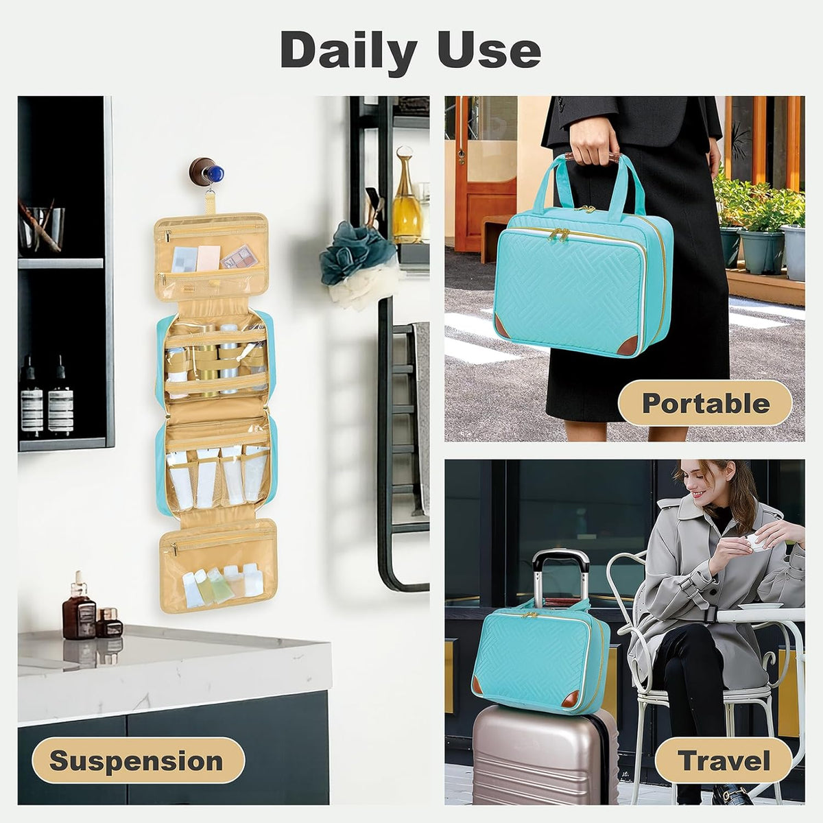 Toiletry Bag for Women, Hanging Travel Toiletry Bag with Jewelry Organizer Compartment Large Makeup Bag, Cosmetic for Travel Business Trips Camping Bathroom Black