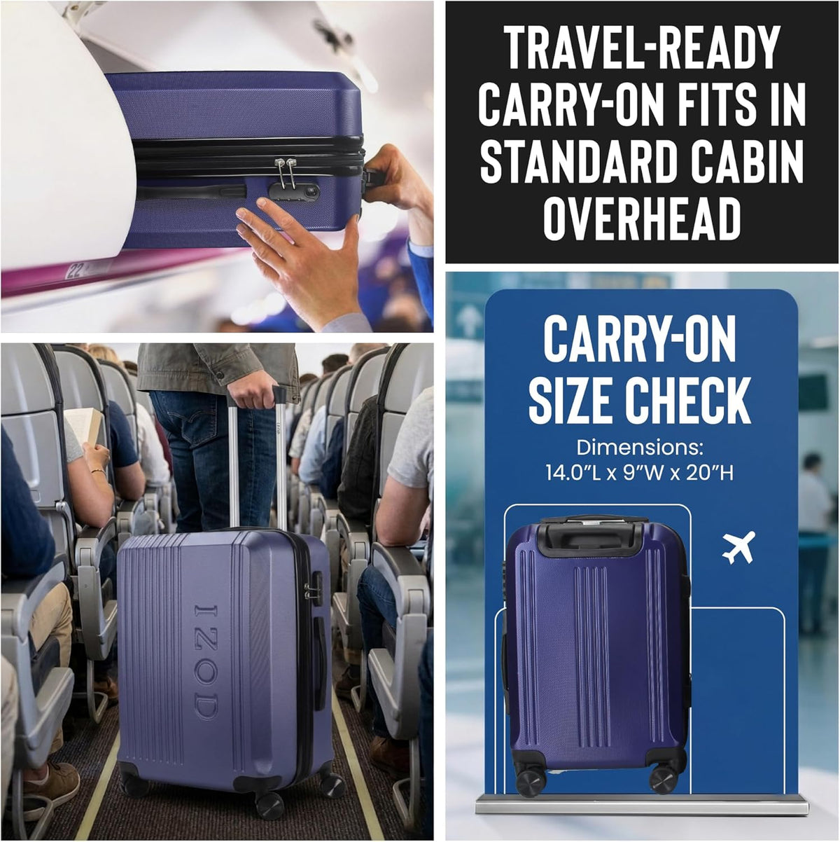 Zane 20-Inch Hardside Carry-On Luggage with Spinner Wheels - Navy | Expandable Hard Shell Suitcase, Airline-Approved - Durable and Lightweight Travel Luggage