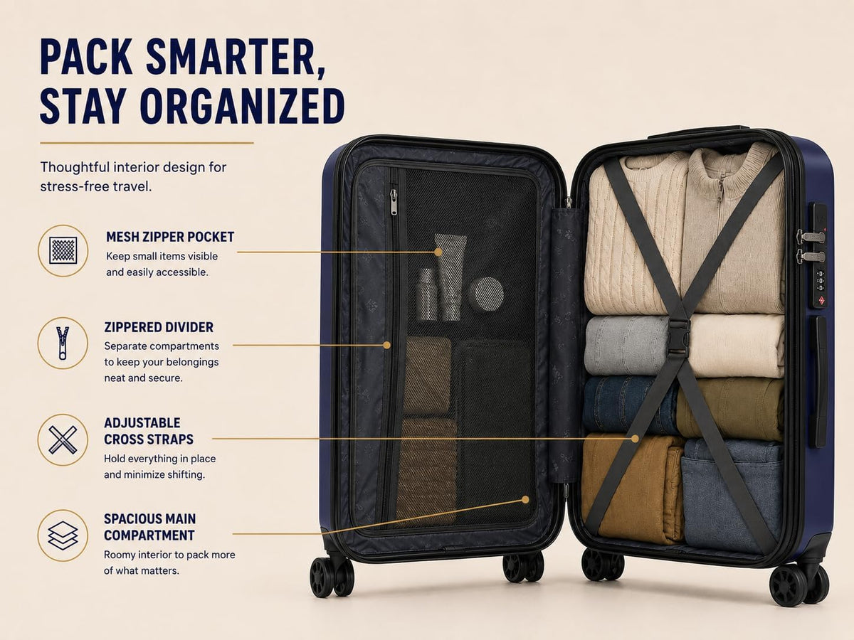 Zane 20-Inch Hardside Carry-On Luggage with Spinner Wheels - Navy | Expandable Hard Shell Suitcase, Airline-Approved - Durable and Lightweight Travel Luggage