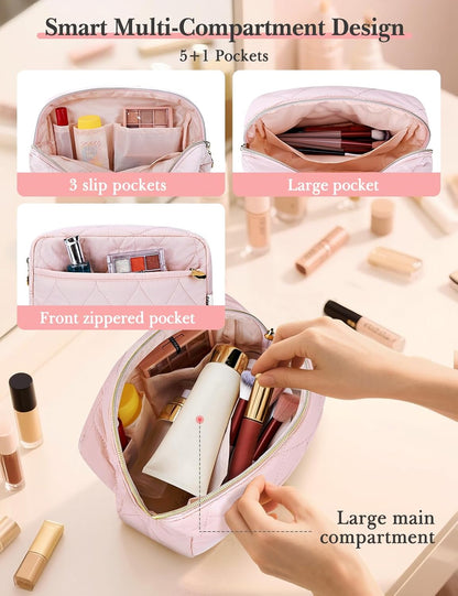 Makeup Bag Travel Toiletry Bag, Puffy Padded Cosmetic Bag for Women, Makeup Organizer Case, Wide-open Pouch Purse, Travel Essentials