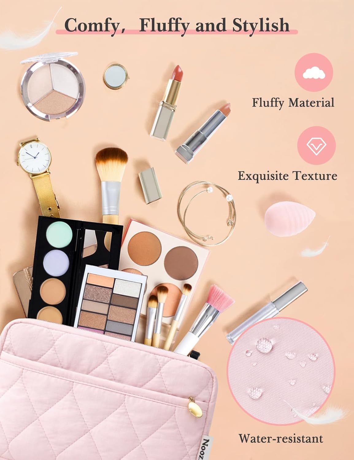 Makeup Bag Travel Toiletry Bag, Puffy Padded Cosmetic Bag for Women, Makeup Organizer Case, Wide-open Pouch Purse, Travel Essentials