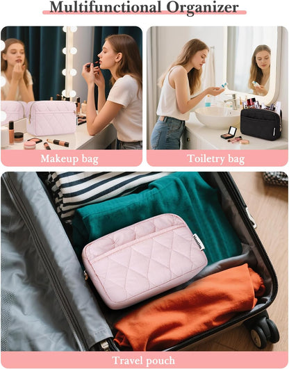 Makeup Bag Travel Toiletry Bag, Puffy Padded Cosmetic Bag for Women, Makeup Organizer Case, Wide-open Pouch Purse, Travel Essentials