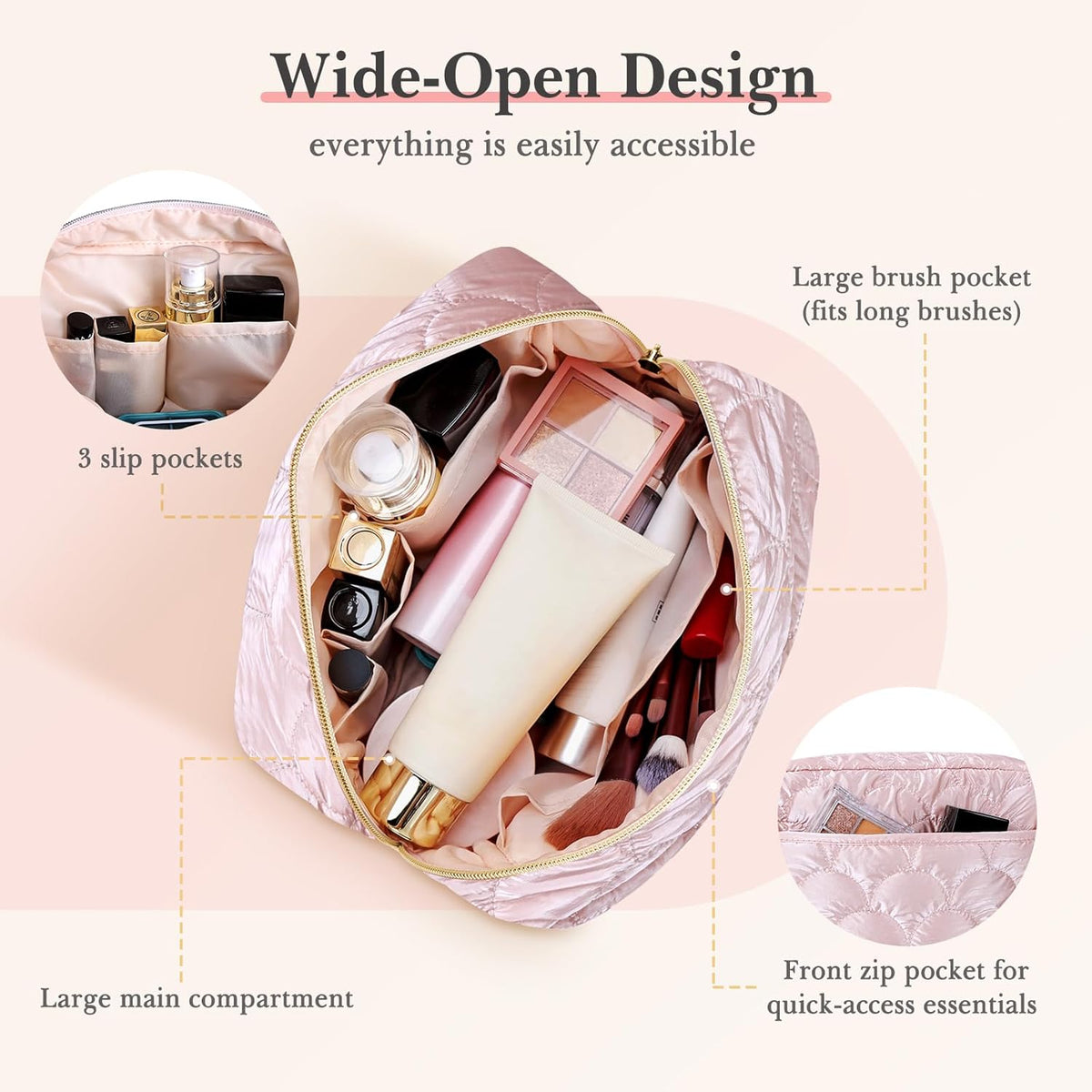 Makeup Bag Travel Toiletry Bag, Puffy Padded Cosmetic Bag for Women, Makeup Organizer Case, Wide-open Pouch Purse, Travel Essentials
