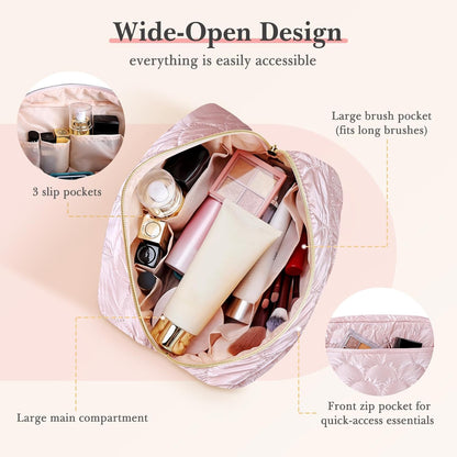 Makeup Bag Travel Toiletry Bag, Puffy Padded Cosmetic Bag for Women, Makeup Organizer Case, Wide-open Pouch Purse, Travel Essentials