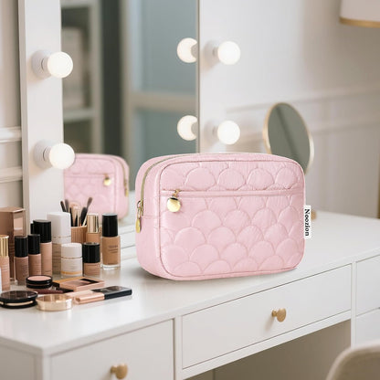 Makeup Bag Travel Toiletry Bag, Puffy Padded Cosmetic Bag for Women, Makeup Organizer Case, Wide-open Pouch Purse, Travel Essentials