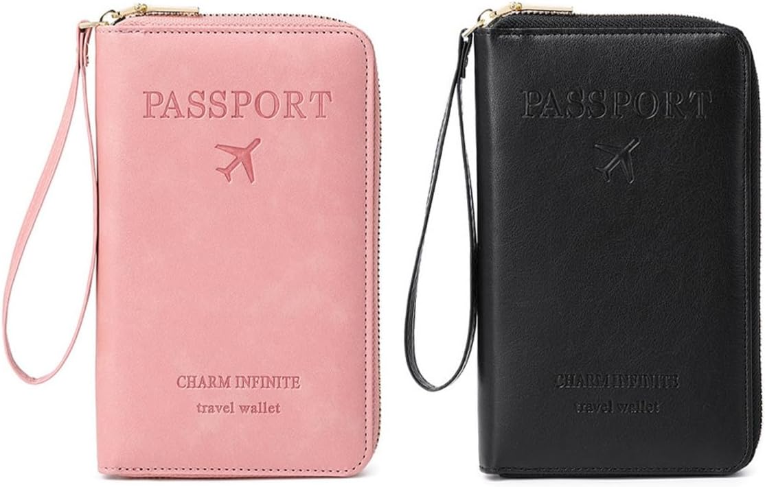 Rowgins Multi-Functional RFID Passport Wallet, Travel Wallet for Men & Women, Secure ID Card Organizer with Anti-Theft Protection, Slim Leather Cover for Credit Cards, Tickets, Cash (Pink + Black)
