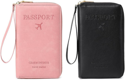 Rowgins Multi-Functional RFID Passport Wallet, Travel Wallet for Men & Women, Secure ID Card Organizer with Anti-Theft Protection, Slim Leather Cover for Credit Cards, Tickets, Cash (Pink + Black)