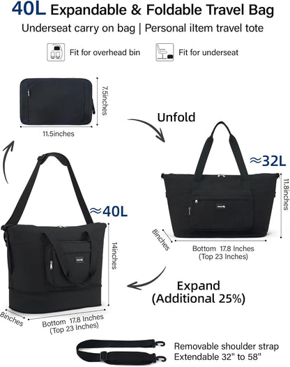 40L Foldable Expandable Travel Tote Bag,Wet Dry Separation Laptop Weekender Carry On Bag for Travel Gym Beach Daily Use
