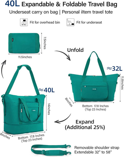 40L Foldable Expandable Travel Tote Bag,Wet Dry Separation Laptop Weekender Carry On Bag for Travel Gym Beach Daily Use