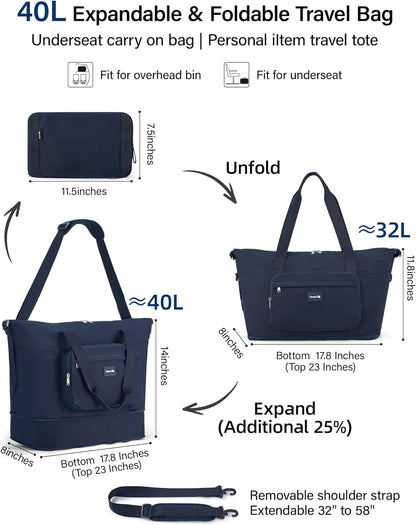 40L Foldable Expandable Travel Tote Bag,Wet Dry Separation Laptop Weekender Carry On Bag for Travel Gym Beach Daily Use