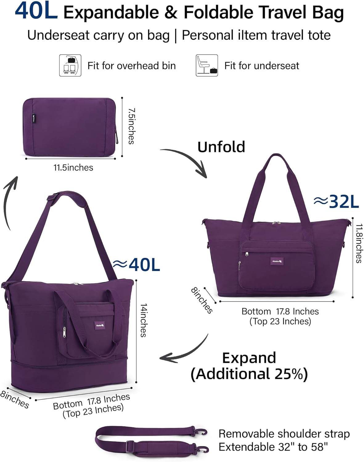 40L Foldable Expandable Travel Tote Bag,Wet Dry Separation Laptop Weekender Carry On Bag for Travel Gym Beach Daily Use